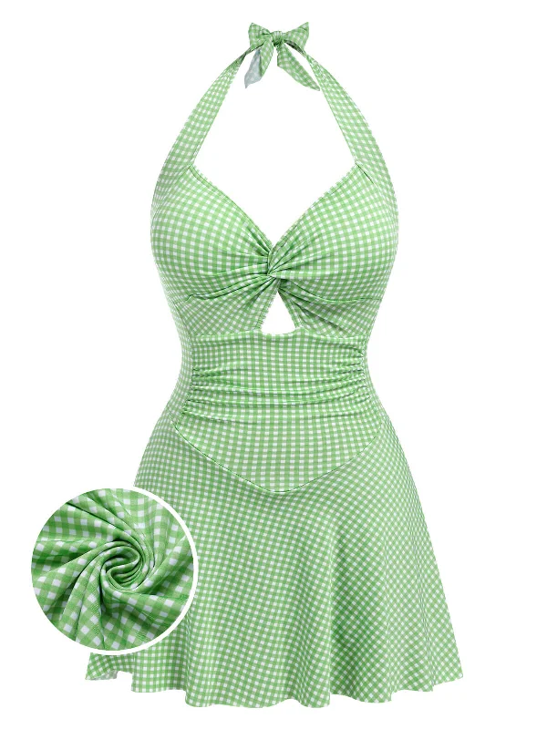 Light Green 1930s Plaid Halter One-Piece Swimsuit