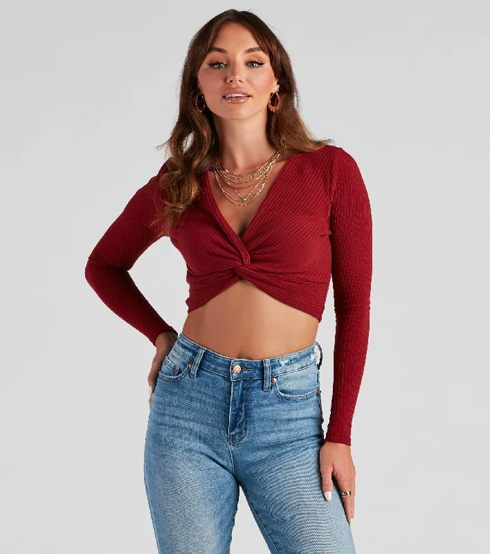 Thermal Women Long Sleeve Top for Extra Warmth in WinterTrendy Twist-Front Ribbed Knit Crop Top