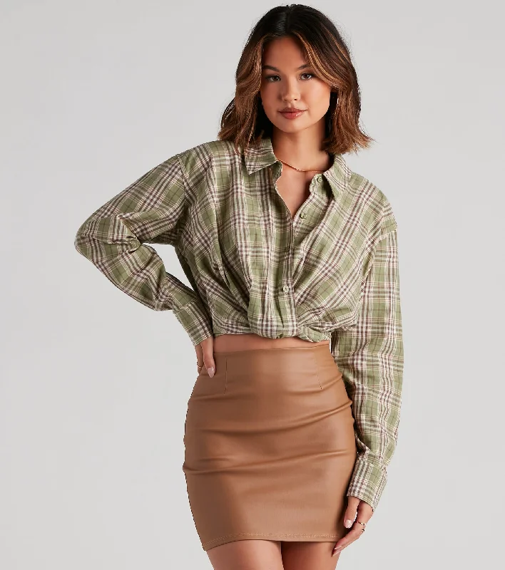 Lightweight Women Long Sleeve Top for Spring and AutumnCool And Classic Plaid Twist Top