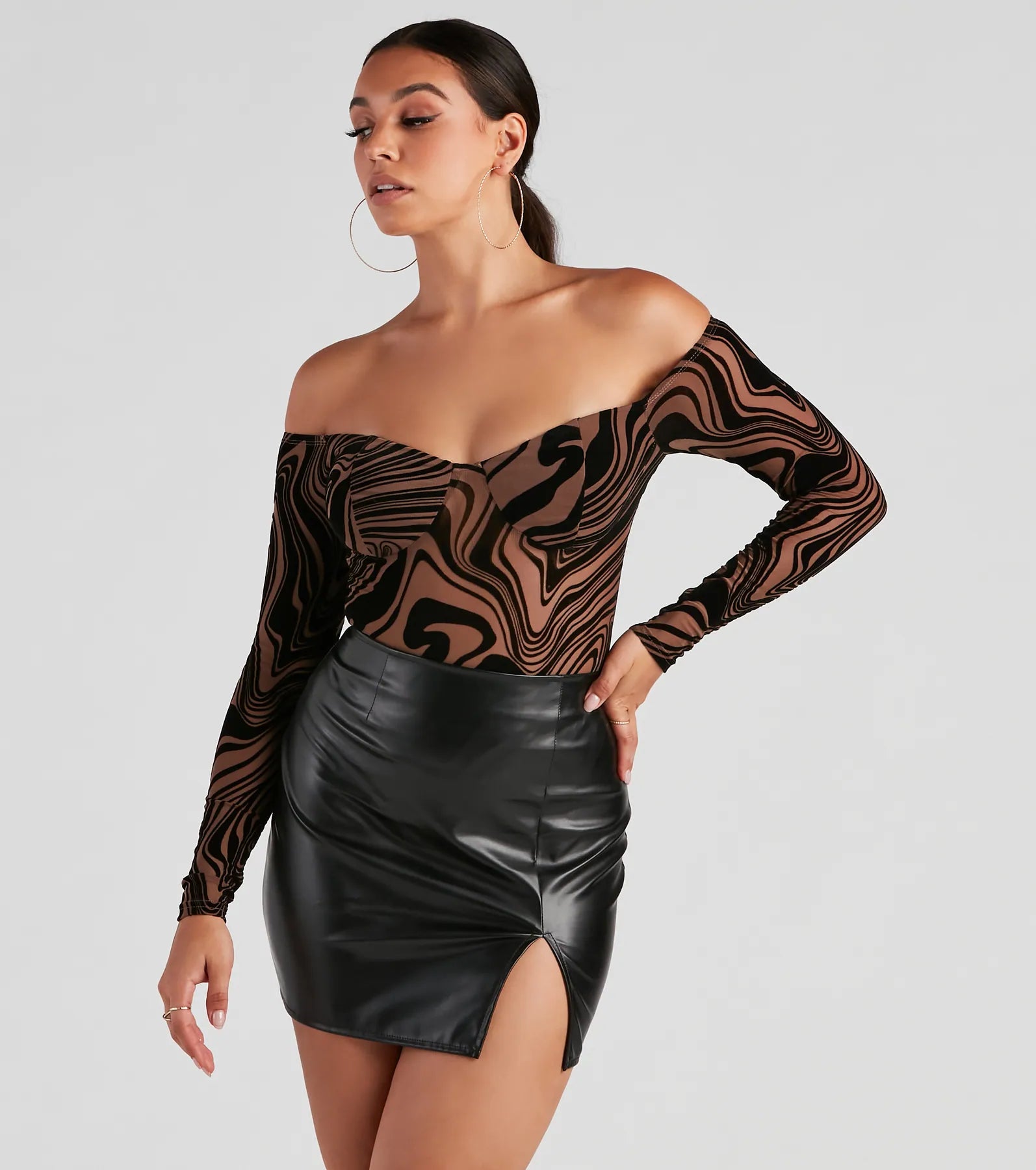 Metallic Accent Women Long Sleeve Top for a Glamorous LookSo Trendy Marble Print Bodysuit