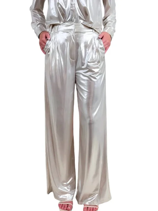 Metallic Wide Leg Pants In Champagne