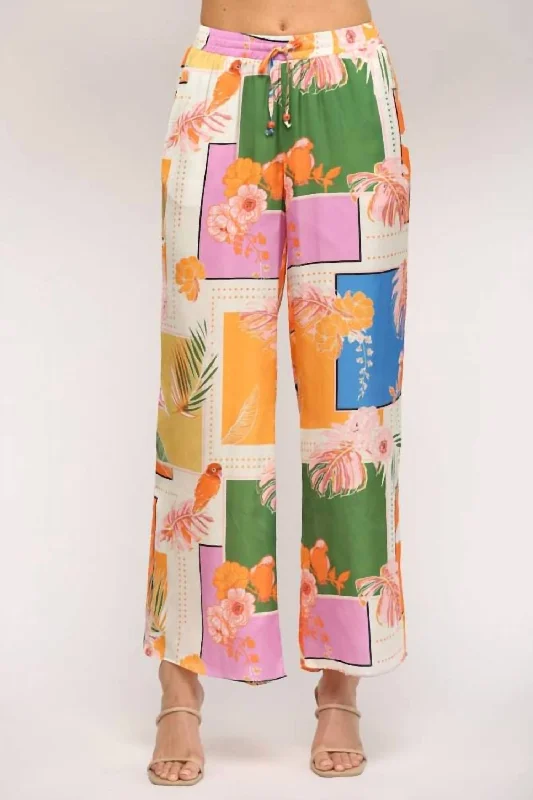 Tropical Print Wide Leg Pant In Orange Multi