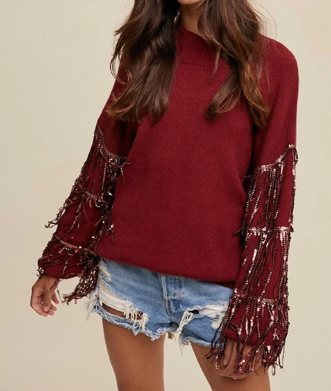 Button - Down Women Sweater for a Versatile LookAll Is Bright Fringe Sequin Sweater In Wine