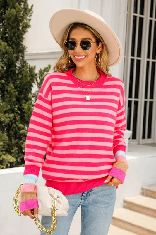 Plus - Size Women Sweater with a Flattering FitAngel Wings Warm Spice Striped Round Neck Sweater