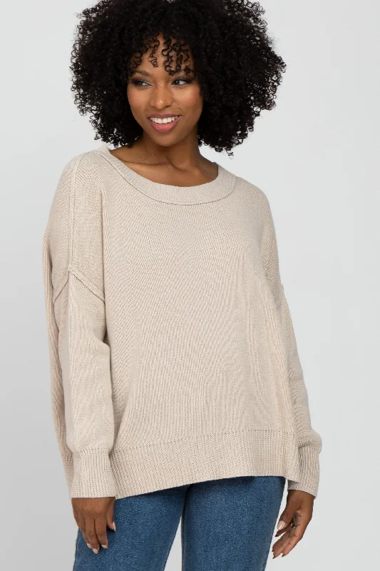 Mock - Neck Women Sweater for a Modern TwistBeige Exposed Seam Side Slit Sweater