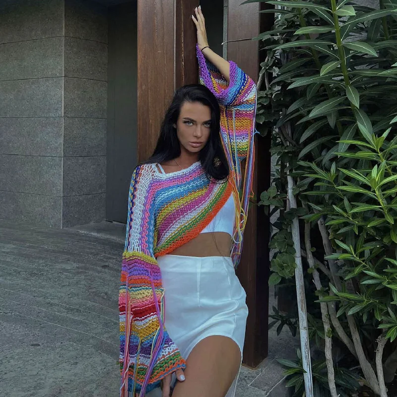 Mock - Neck Women Sweater for a Modern TwistBoho Style Fringe Detail Bell Sleeve Rainbow Stripe Crochet Knit Crop Sweater