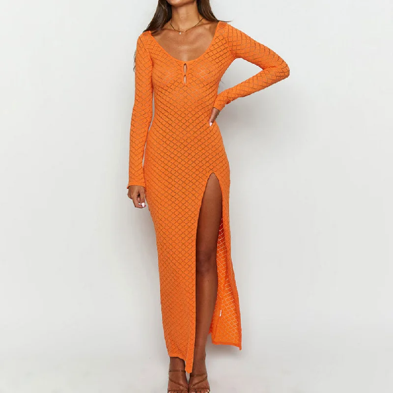 Button - Down Women Sweater for a Versatile LookBreezy Scoop Neck Long Sleeve Tie Back Split Shell Crochet Knit Maxi Dress