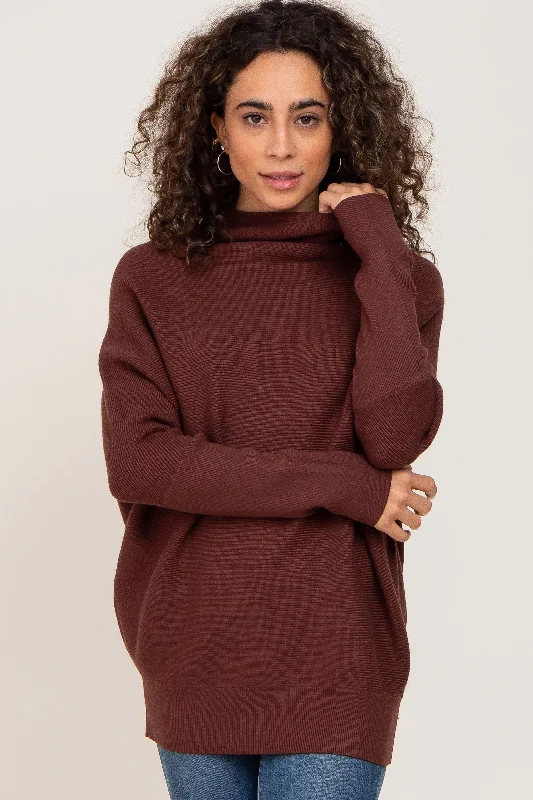 Striped Women Sweater with a Timeless PatternBrown Funnel Neck Dolman Sleeve Sweater