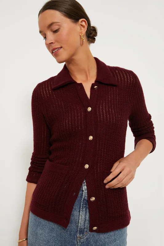 Long - Sleeve Women Sweater with Ribbed CuffsBurgundy Pointelle Cashmere Blouse