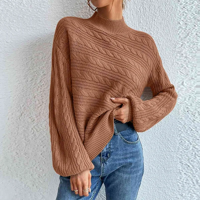 Hand - Knitted Women Sweater with Artisanal CharmCable-Knit Mock Neck  Long Sleeve Sweater