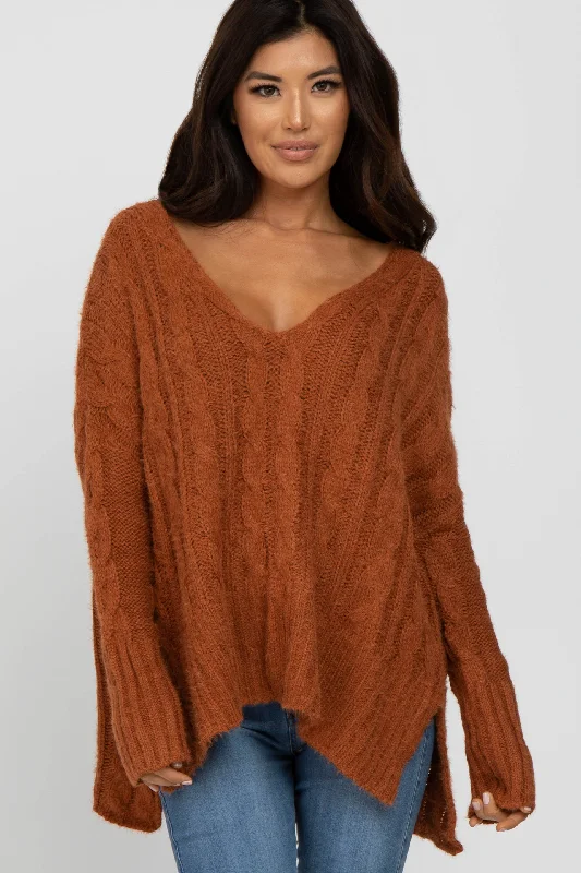 Cable - Knit Women Sweater with Intricate PatternsCamel V-Neck Side Slit Cable Knit Sweater