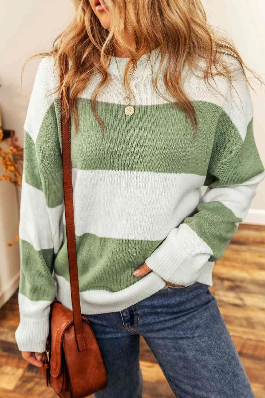 Mock - Neck Women Sweater for a Modern TwistColor Block Round Neck Drop Shoulder Sweater