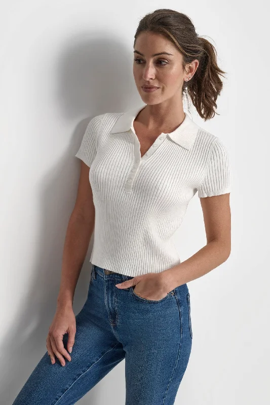 Mock - Neck Women Sweater for a Modern TwistSHORT SLEEVE RIB POLO TEE