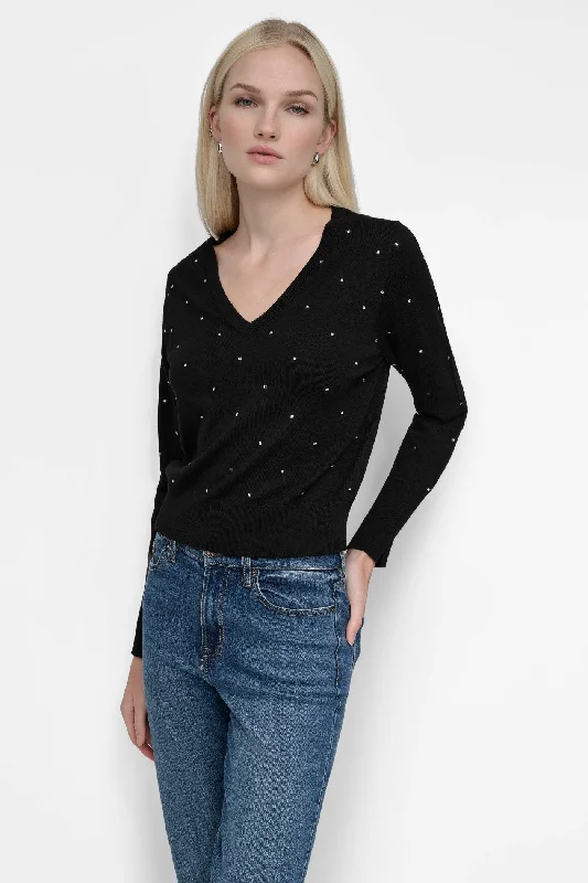 Cable - Knit Women Sweater with Intricate PatternsV NECK SWEATER WITH STUDS