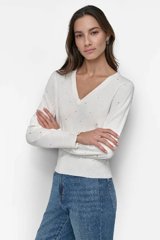 Button - Down Women Sweater for a Versatile LookV NECK SWEATER WITH STUDS