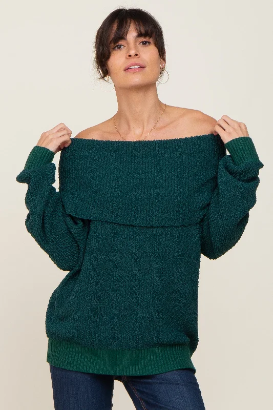 Sequin - Embellished Women Sweater for Special OccasionsForest Green Foldover Off Shoulder Sweater