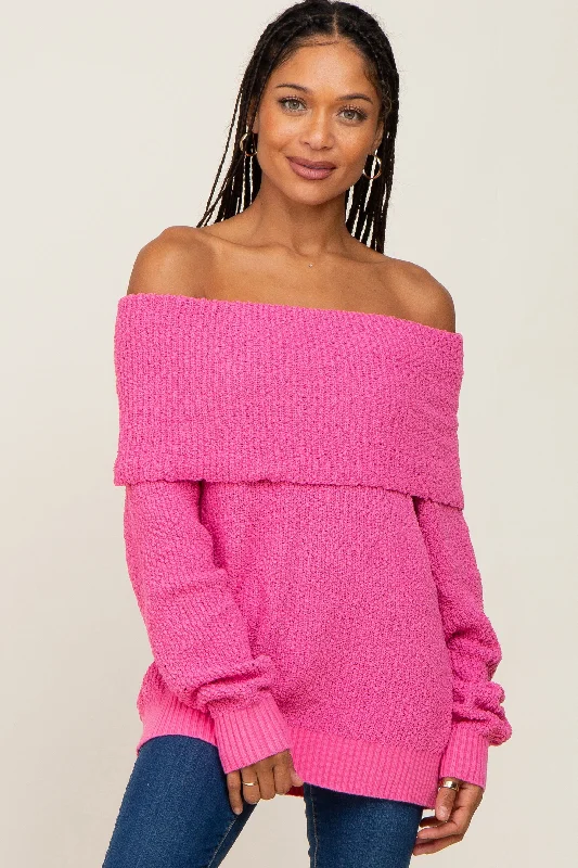 Sequin - Embellished Women Sweater for Special OccasionsFuchsia Foldover Off Shoulder Sweater