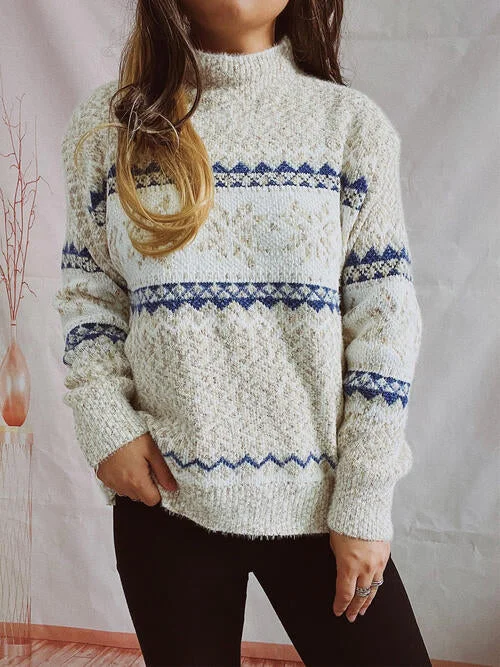 Oversized Women Sweater for a Cozy and Fashionable LookGeometric Mock Neck Dropped Shoulder Sweater