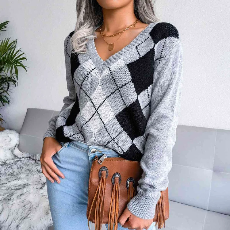 Open - Front Women Sweater for Easy LayeringGeometric V-Neck Sweater