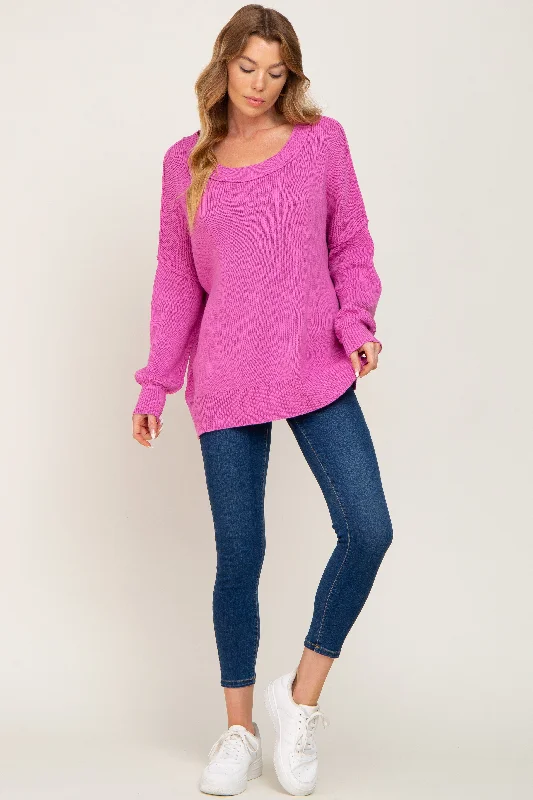 Long - Sleeve Women Sweater with Ribbed CuffsMagenta Exposed Seam Side Slit Sweater