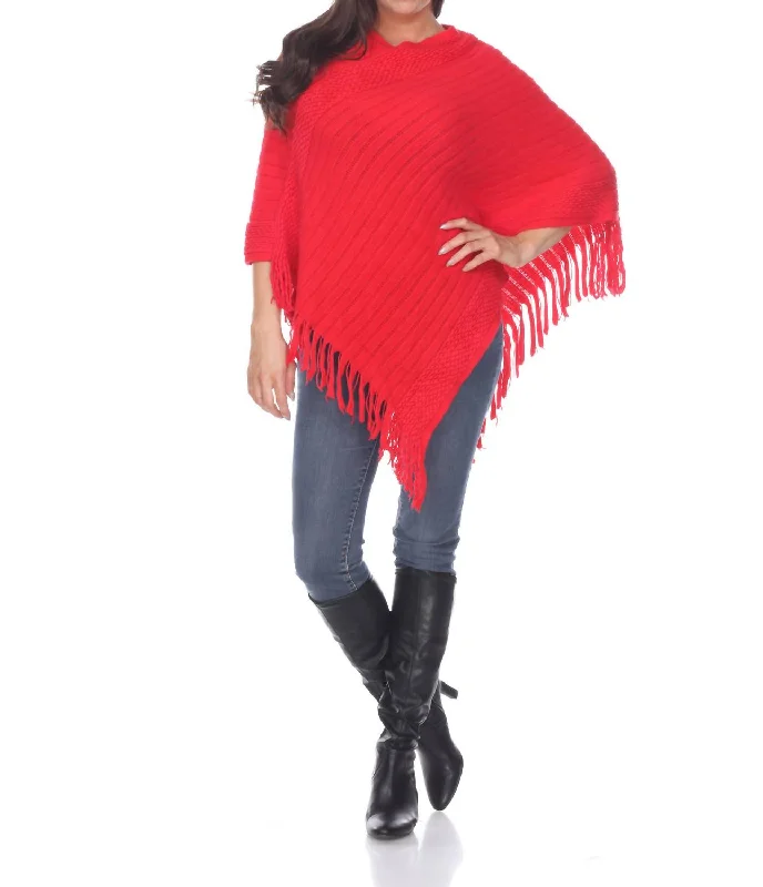 Organic Cotton Women Sweater for an Eco - Friendly ChoiceMeera Fringe Poncho In Red