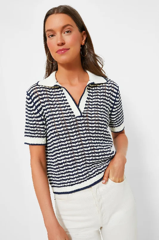 Button - Down Women Sweater for a Versatile LookMidnight Stripe Short Sleeve Polo