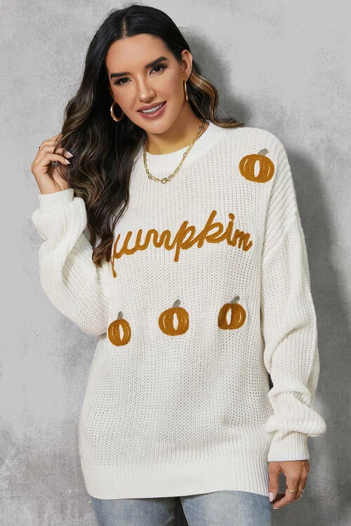 Button - Down Women Sweater for a Versatile LookPumpkin Embroidery Long Sleeve Sweater