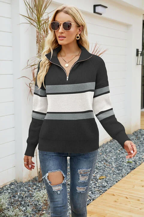 Color - Blocked Women Sweater for a Bold Fashion StatementQuarter-Zip Collared Neck Sweater