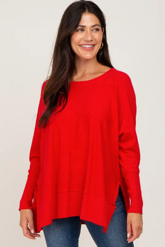 Cropped Women Sweater to Pair with High - Waisted BottomsRed Dolman Sleeve Side Slit Sweater