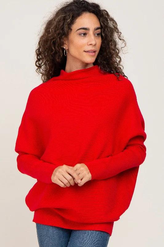 Turtleneck Women Sweater for a Classic and Elegant StyleRed Funnel Neck Dolman Sleeve Sweater