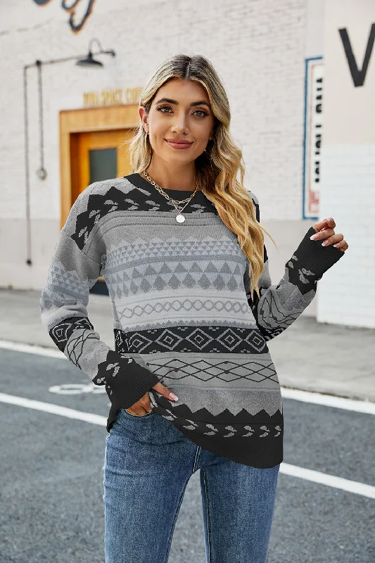 Hand - Knitted Women Sweater with Artisanal CharmRound Neck Drop Shoulder Sweater