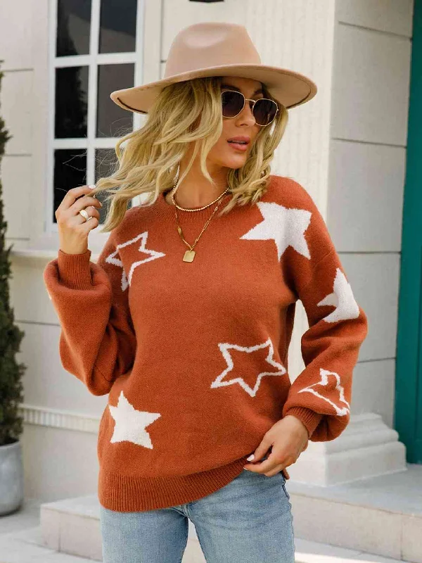 Floral Print Women Sweater for a Feminine AppealStar Round Neck Long Sleeve Sweater