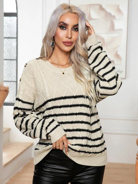 Cable - Knit Women Sweater with Intricate PatternsStriped Round Neck Cable-Knit Sweater