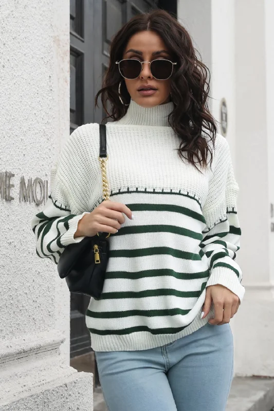 Open - Front Women Sweater for Easy LayeringStriped Turtleneck Drop Shoulder Sweater