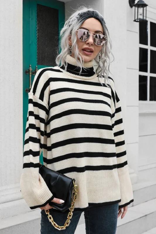 Sequin - Embellished Women Sweater for Special OccasionsStriped Turtleneck Drop Shoulder Sweater