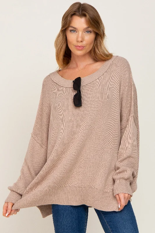 Organic Cotton Women Sweater for an Eco - Friendly ChoiceTaupe Exposed Seam Side Slit Sweater