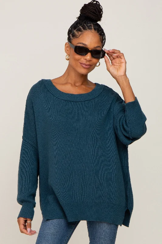 Cropped Women Sweater to Pair with High - Waisted BottomsTeal Exposed Seam Side Slit Sweater