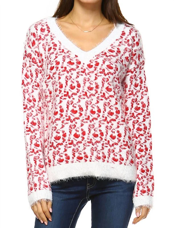 V - Neck Women Sweater to Elongate the NecklineWomen's Leopard Sweater In Red