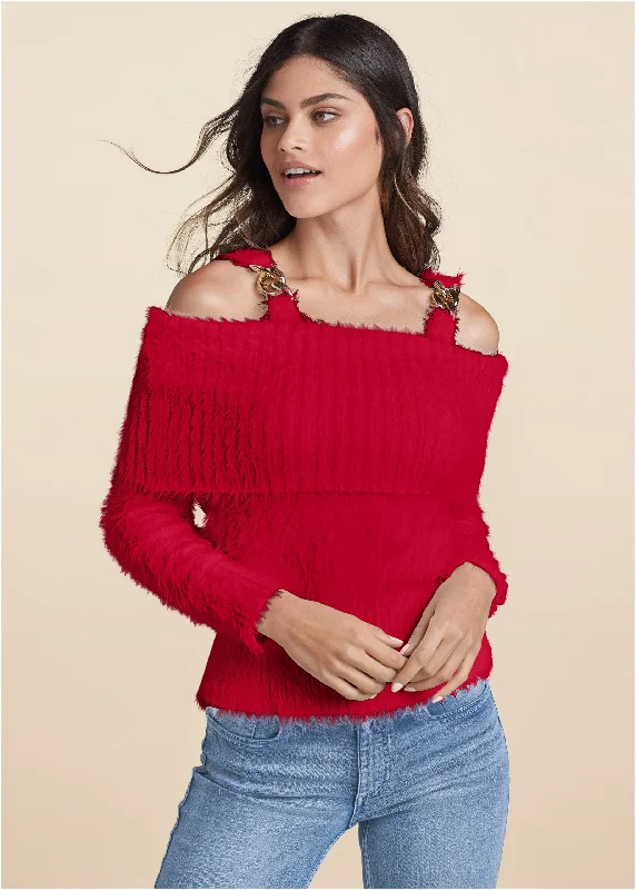 Cashmere Women Sweater with a Luxurious Soft TouchChain Detail Cold-Shoulder Sweater - Red