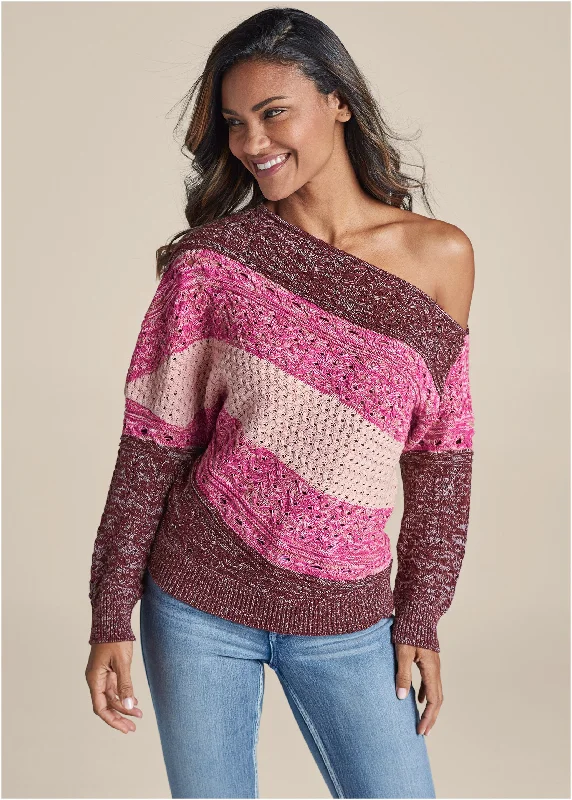 Hooded Women Sweater for Added Comfort and StyleOne Shoulder Sweater  - Pink Multi