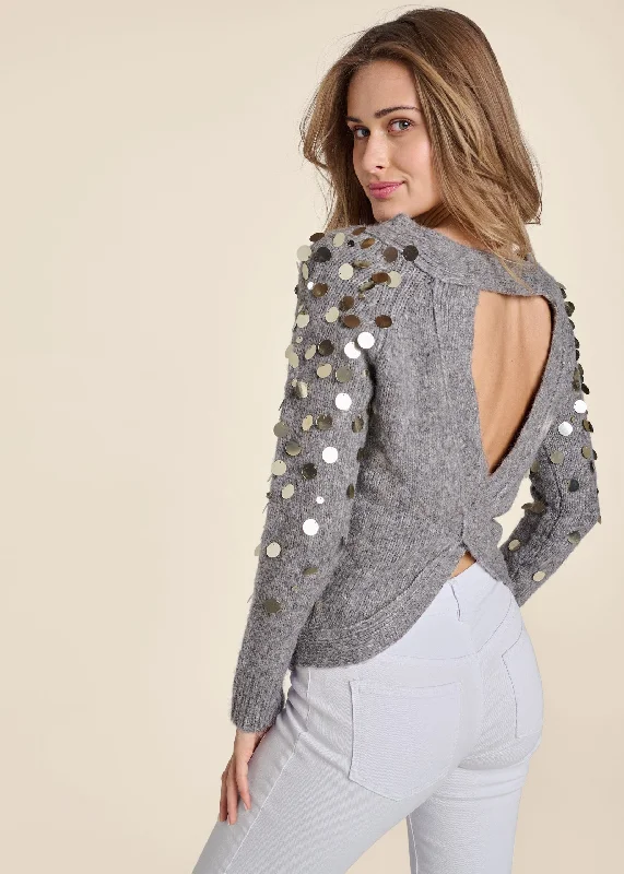 Oversized Women Sweater for a Cozy and Fashionable LookOpen Back Sequin Sleeve Sweater - Grey