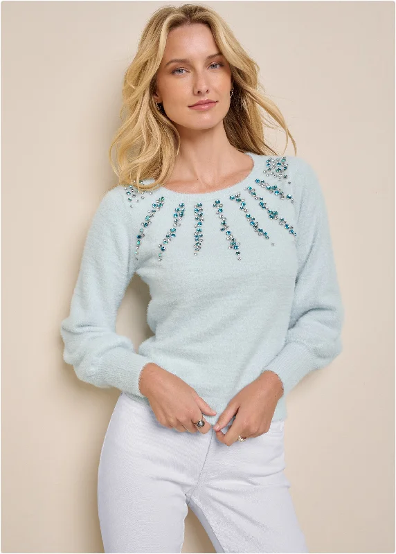 Long - Sleeve Women Sweater with Ribbed CuffsJeweled Feather-Soft Sweater - Heathered Blue