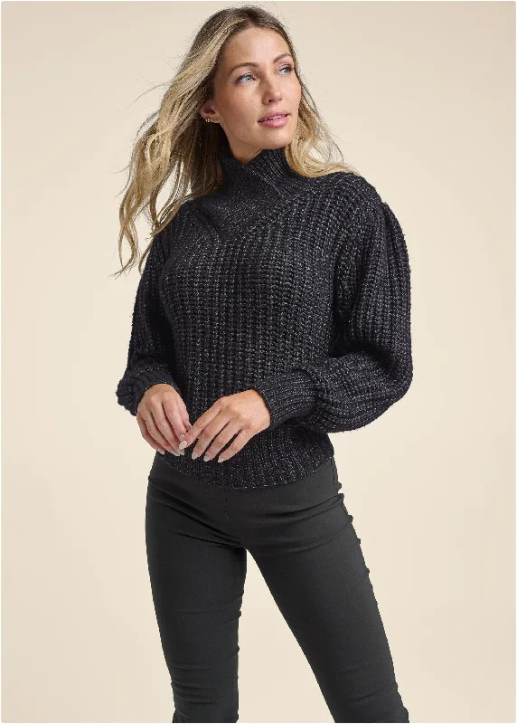 V - Neck Women Sweater to Elongate the NecklineWrapped Turtleneck Sweater - Black Multi