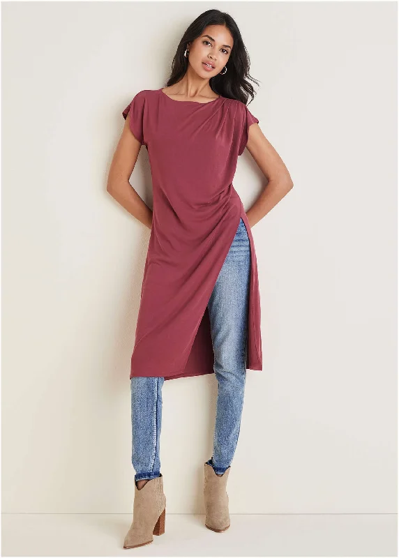 Mock - Neck Women Sweater for a Modern TwistRuched Slit Maxi Top - Wine