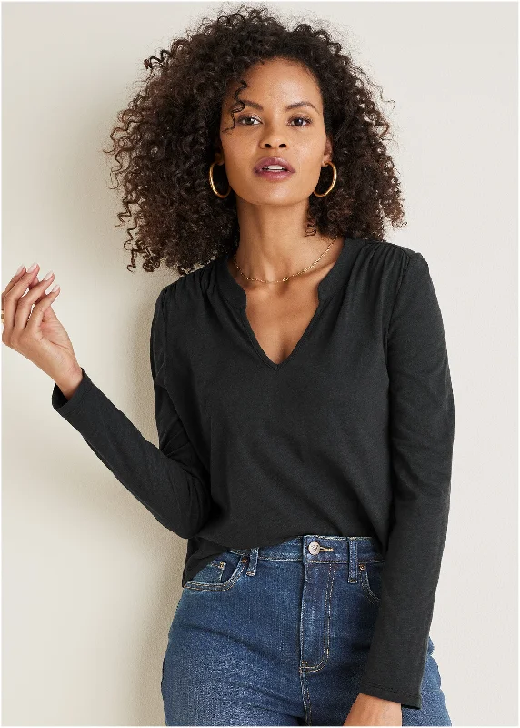 Button - Down Women Sweater for a Versatile LookV-Neck Shirred Long Sleeve Top - Black