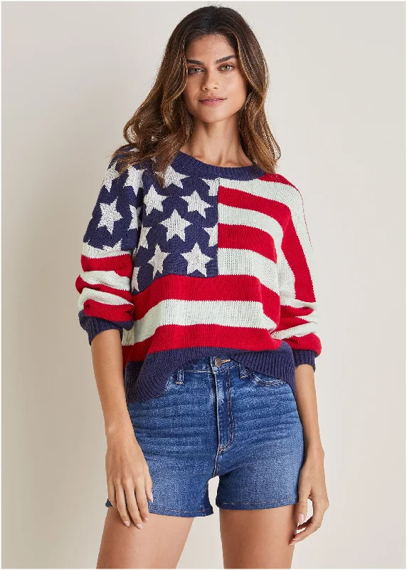 Lightweight Women Sweater for Spring and FallStars And Stripes Sweater - Racing Red Multi