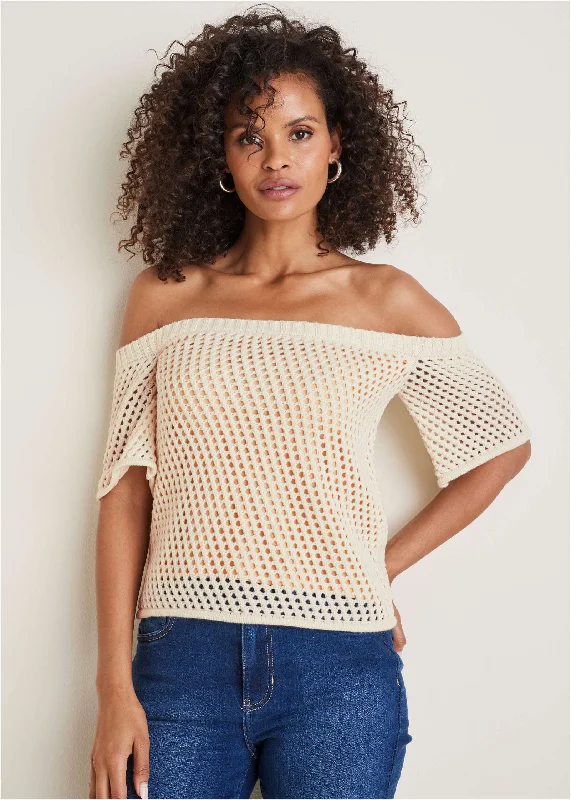 Cashmere Women Sweater with a Luxurious Soft TouchOff-Shoulder Knit Sweater - Off White