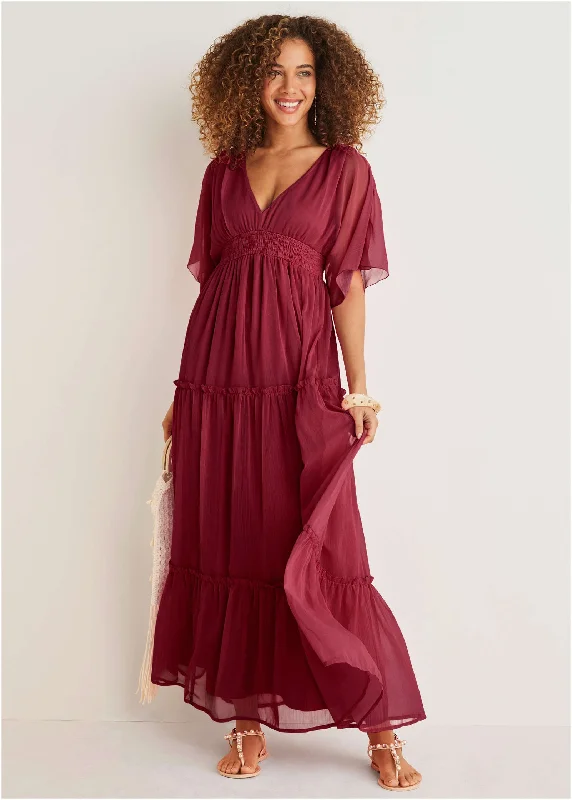 Long - Sleeve Women Sweater with Ribbed CuffsFlutter Sleeve Maxi Dress - Wine