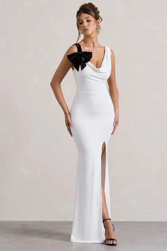 Mini Women Dress with a Short Hem for a Young and Trendy StyleA Catch | White Cowl-Neck Fishtail Split Maxi Dress With Bow