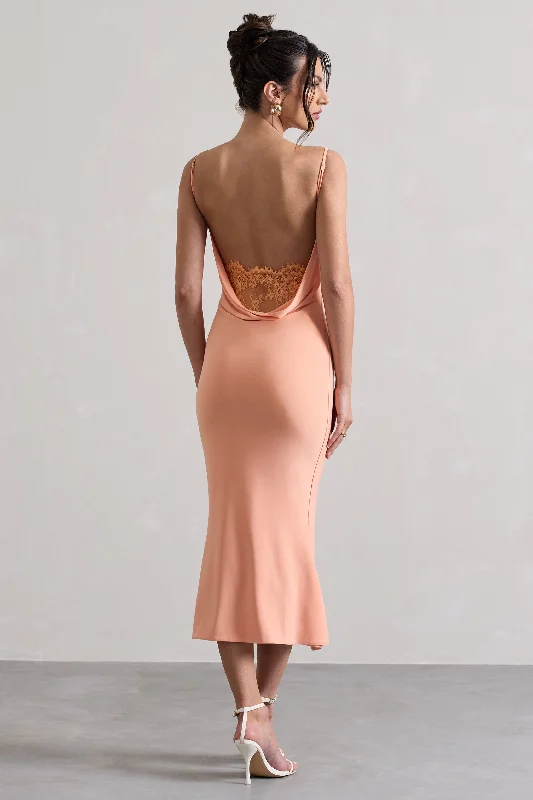 Mini Women Dress with a Short Hem for a Young and Trendy StyleAddison | Coral Cowl-Neck Open-Back Midi Dress With Lace